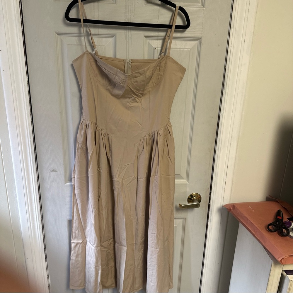 Neutral Beige Spaghetti Strap Midi Dress